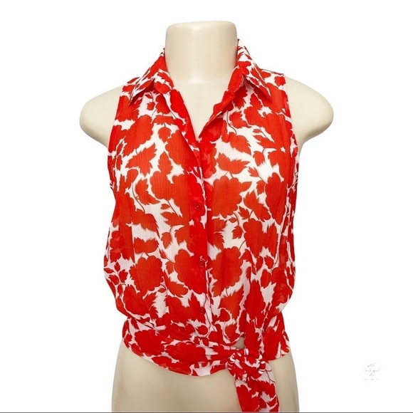 NEW Moda International Silk Red Floral Sleeveless Button Front Tie Waist Blouse‎ - Picture 2 of 7